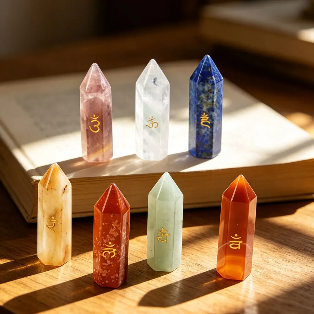 7 Chakras Crystal Wand Natural Stone Yoga Engraved Sanskrit Symbol Healing Point Tower for Fengshui Spiritual Balancing  X446