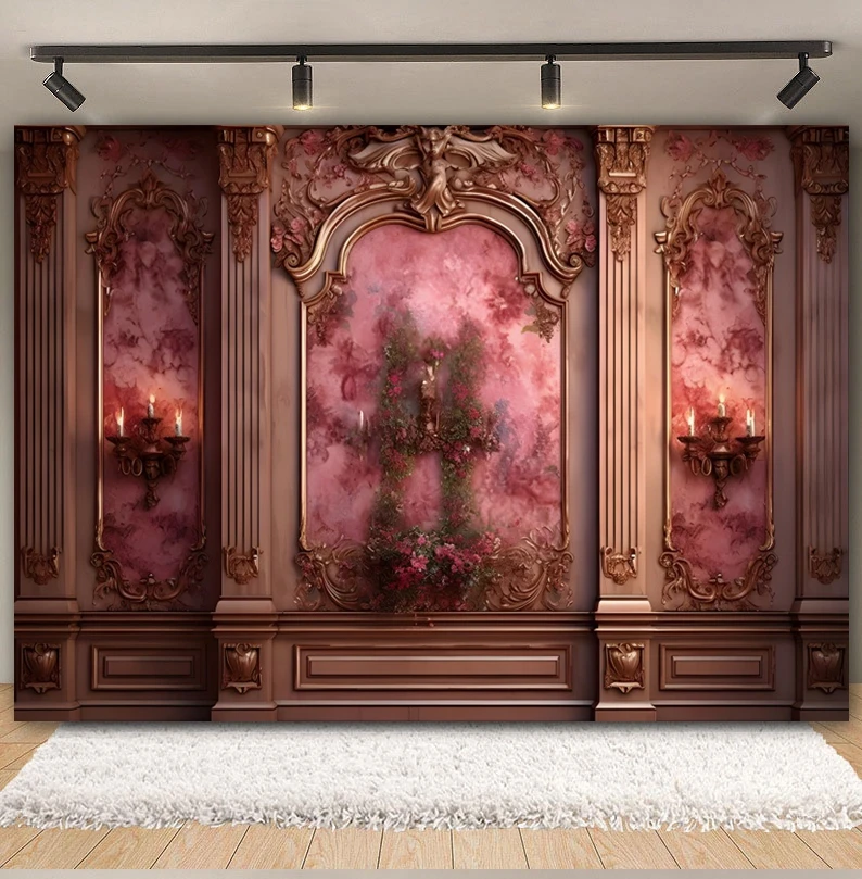 Interior Pink Retro Wall Photography Backdrop Europe Vintage Castle Palace Princess Girls Wedding Baby Shower Background Decor