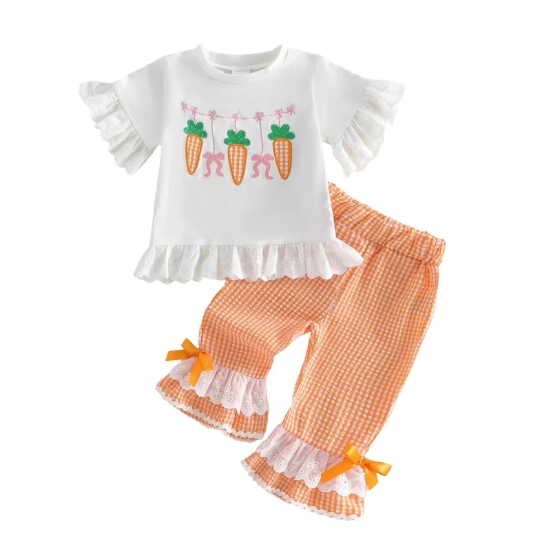 2026 Summer New Hot Selling Trumpet Sleeve Solid Color Cotton Cute Pattern Top and Checkered Pants Two-piece Set