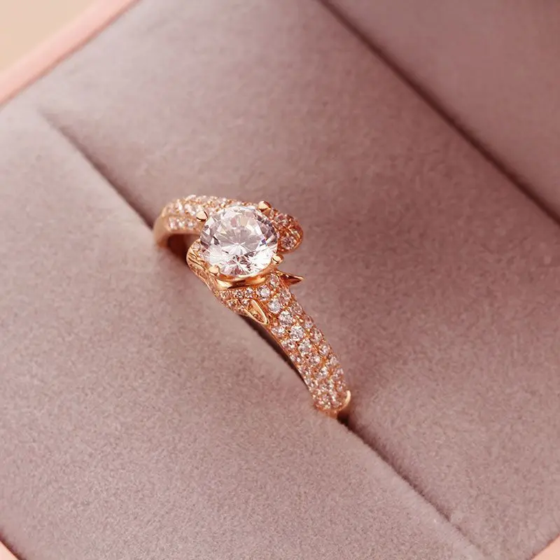 585 Purple Gold Inlaid Crystal Shining Round Gem rings for women Simple Plating 14K Rose Gold Ring Fashion Wedding Jewelry