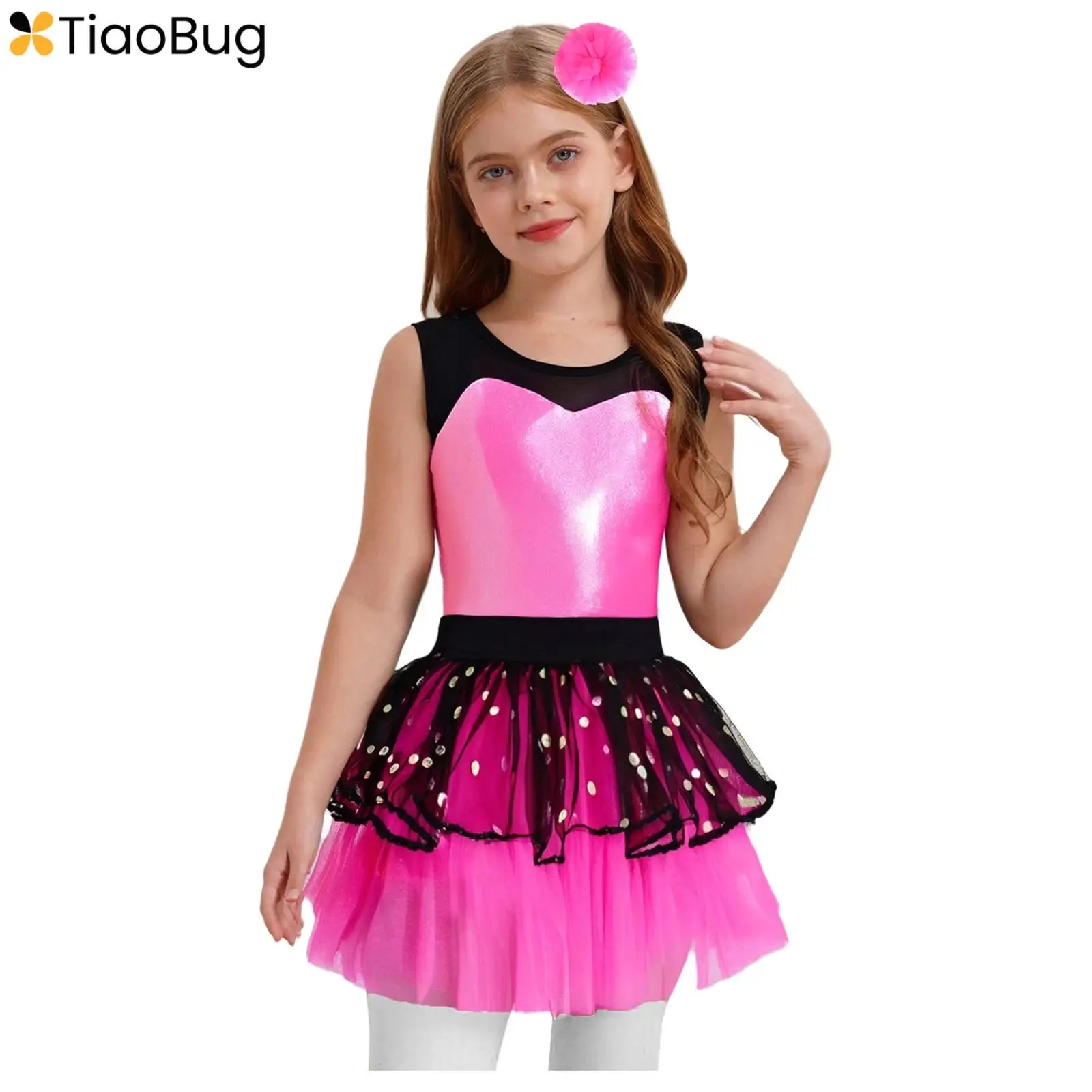 

Kids Girls Dress Ballet Jazz Dance Leotard Dress Sleeveless Sheer Mesh Patchwork Metallic Bodice Tutu Dress+Headwear Performance