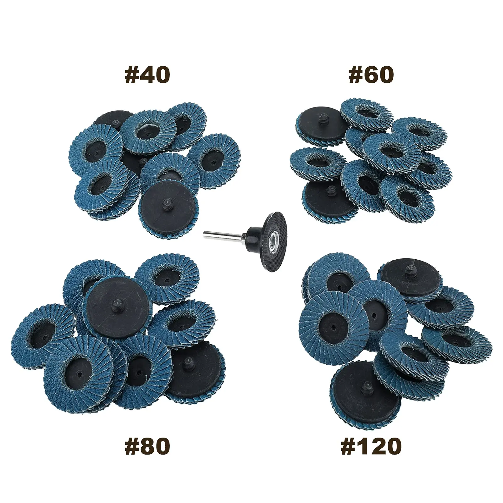 41개 2인치 롤락 플랩 디스크 (1/4인치 홀더 포함) 다이 그라인더 부착물 40/60/80/120 그릿 연마 휠 표면 준비용