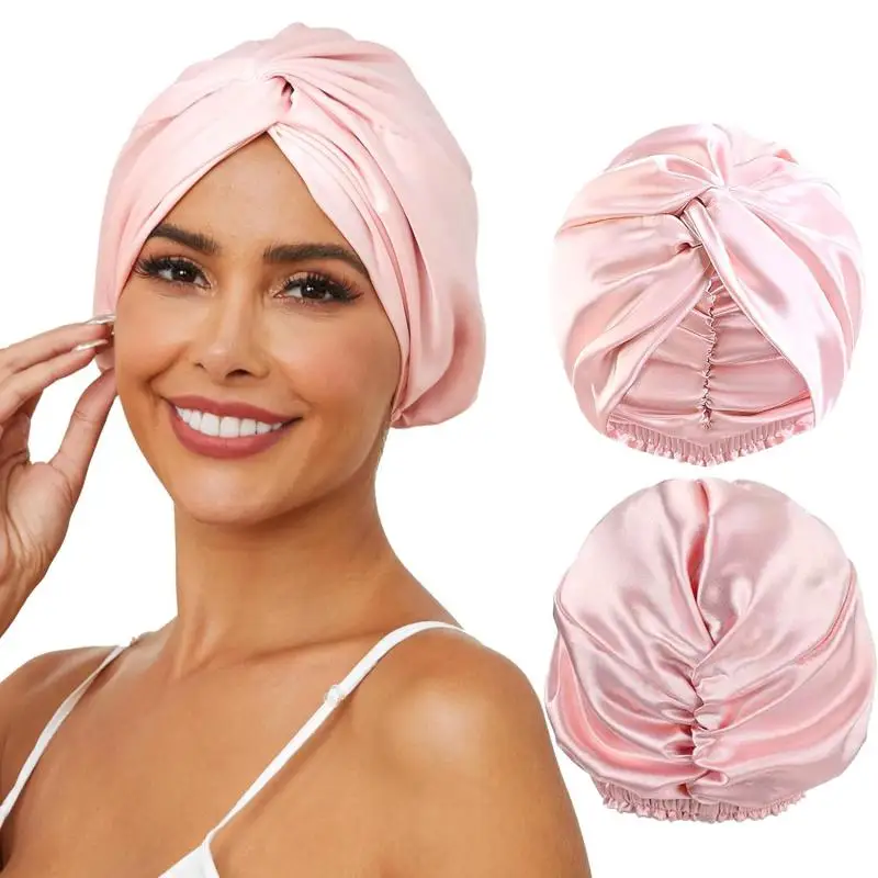 Women Satin Solid Sleeping Hat Double Layered Night Sleep Cap For Women Shower Caps Waterproof Sleeping Hair Bonnets Cap