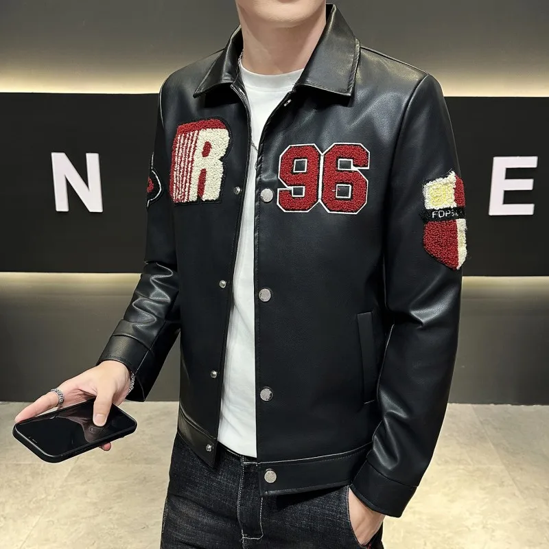 

High Quality Men Leather Jacket Autumn New Men's Patchwork Casual Skin Short Outerwear Lapels Leather Coat