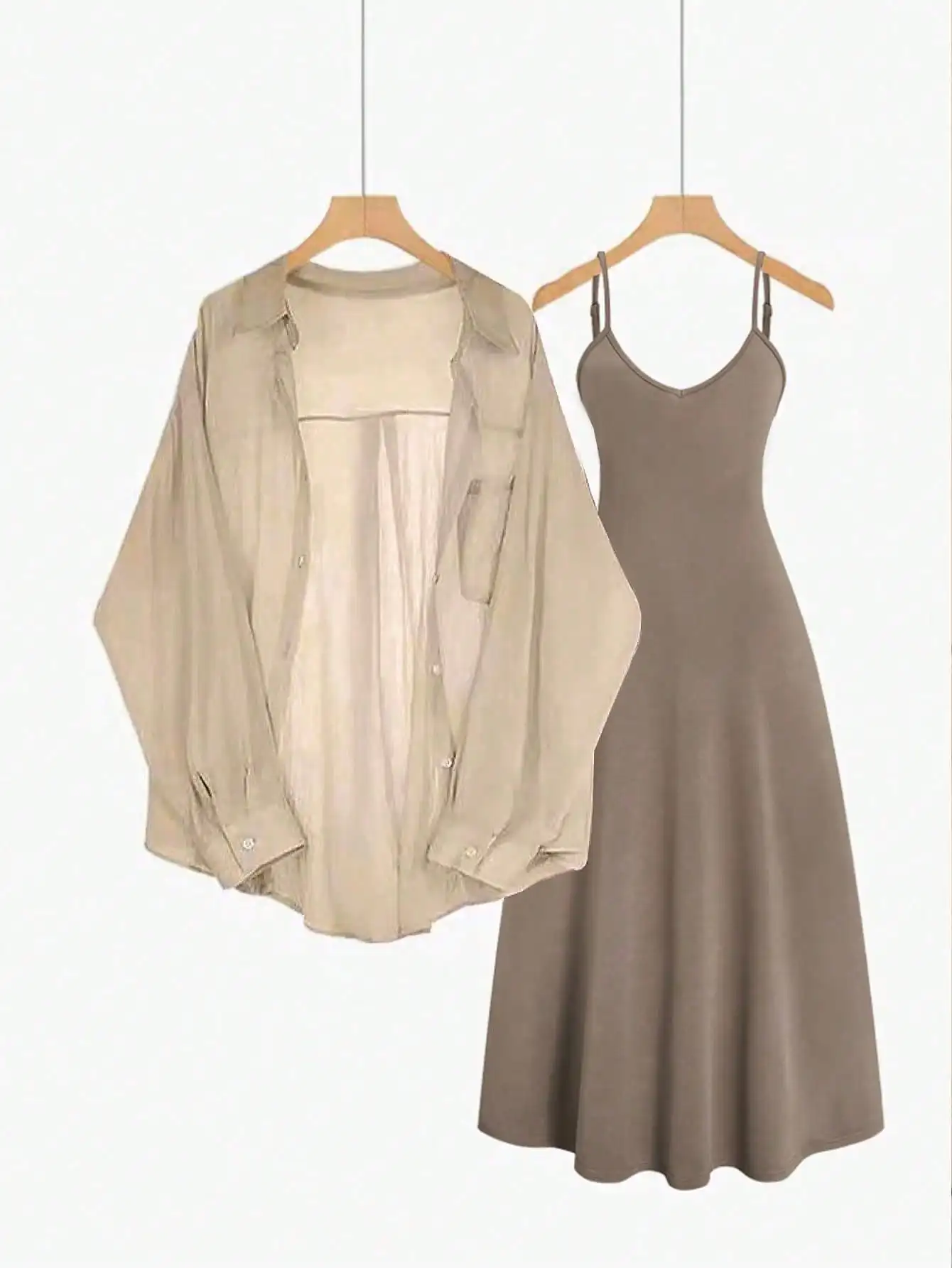 

2-Piece Set: Lightweight Chiffon Shirt + Knit Camisole Dress, Neutral Tone