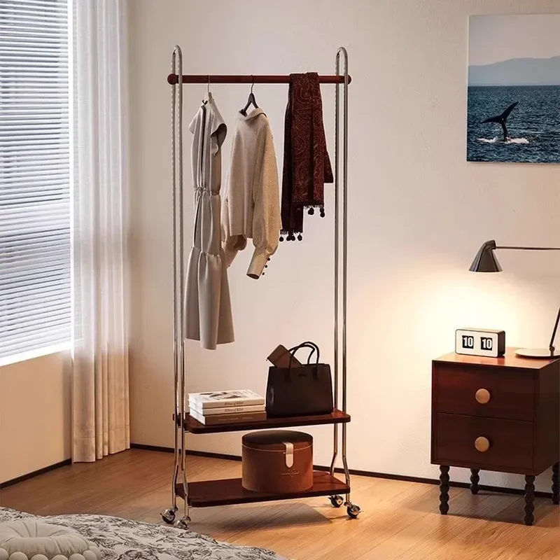 For Medieval Cream Style Solid Wood and Wrought Iron Coat Rack Floor Standing Clothes Hanger with Storage Shelf for Bedroom