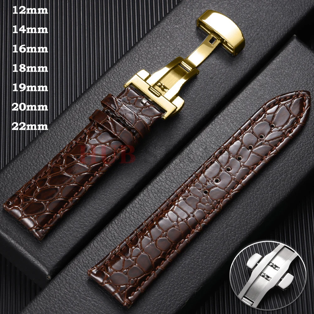 Crocodile Pattern Design Leather Watchbands Automatic Buckle Men Women Business Watch Band 12/14/16/18/19/20/22mm Watch Straps