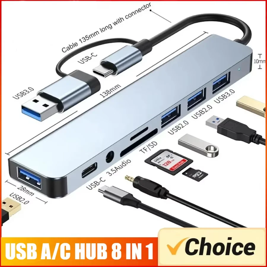 7/8 in1 USB C Hub Expander Multiport Adapter Type C Splitter Dock USB 3 Port For Xiaomi Phone Tablet Fast Data Transfer Charging