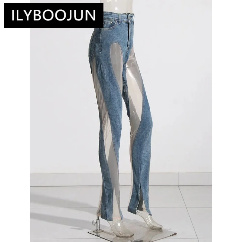 Ilyboojun-女性のための純粋なメッシュデニムパンツ,ハイウエスト,スリットポケット,痩身ジーンズ,セクシーなパッチワーク,新しいコレクション