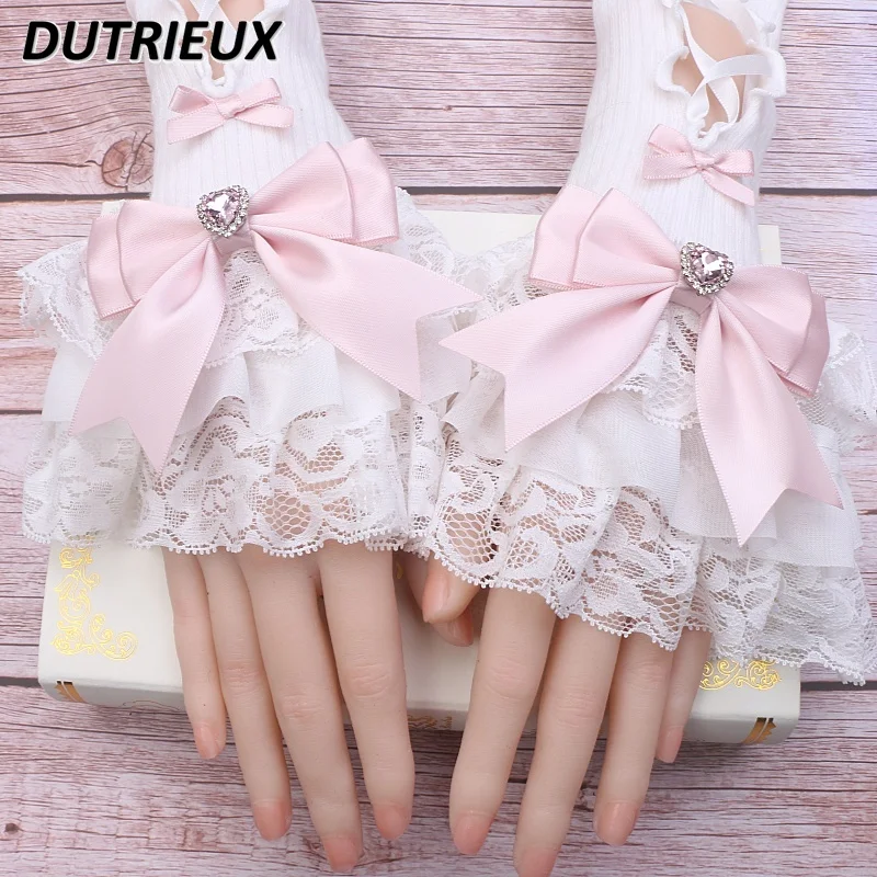 Japanese Handmade Sweet Lolita Mine Oversleeves Lace Bow Rhinestone Oversleeve Kawaii Girls Y2k Accessories Arm Warmers