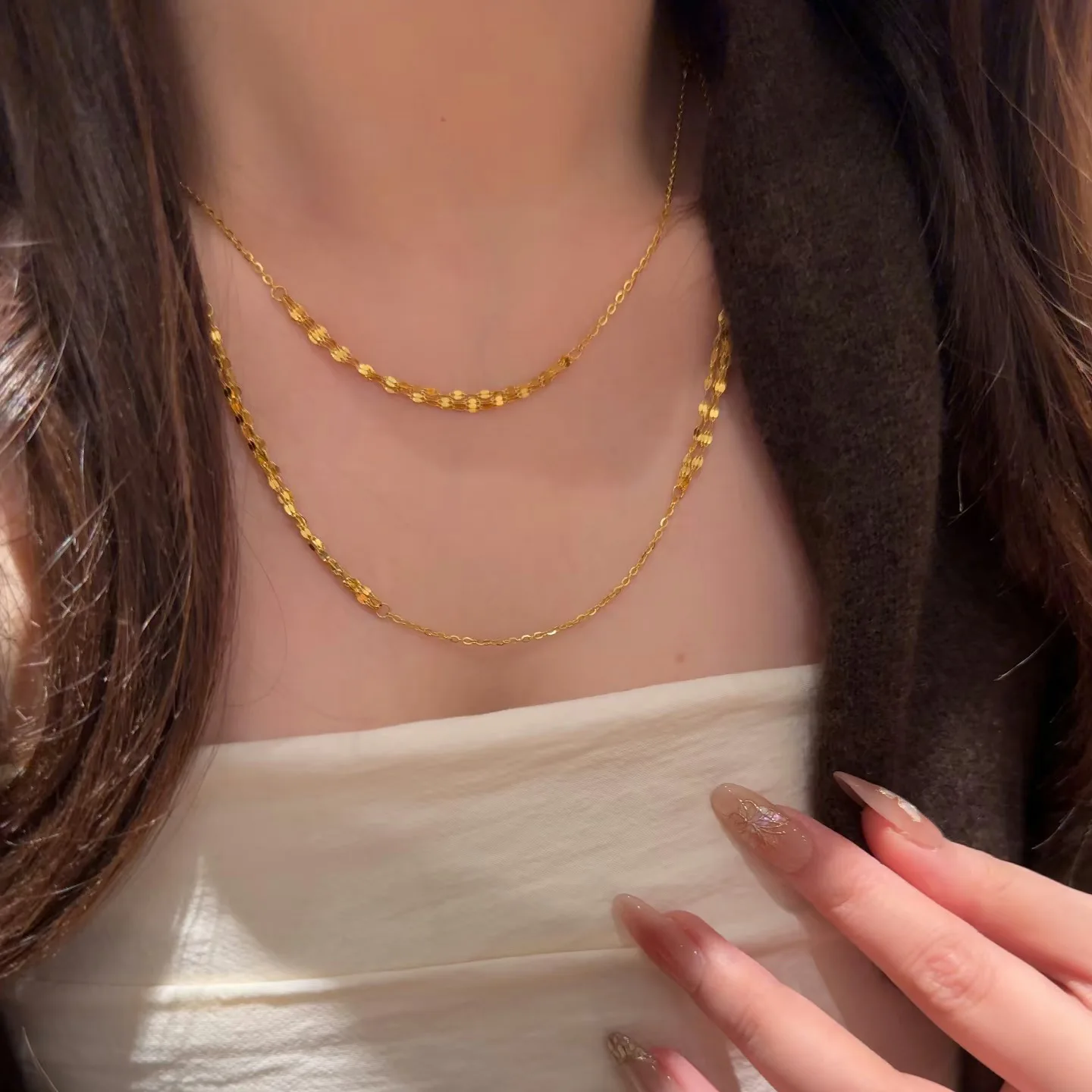 925 Sterling Silver Necklace Simple Super Shiny Gold Waterfall Tassel Collarbone Chain Trendy Stylish for Women