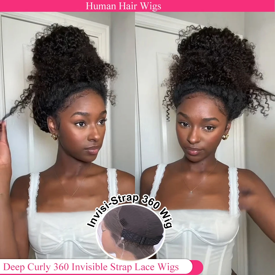 

Invisible Strap HD 360 Full Lace Wig Drawstring Human Hair Wigs Precut 360 Lace Front Wig Deep Curly Hidden Strap Glueless Wig