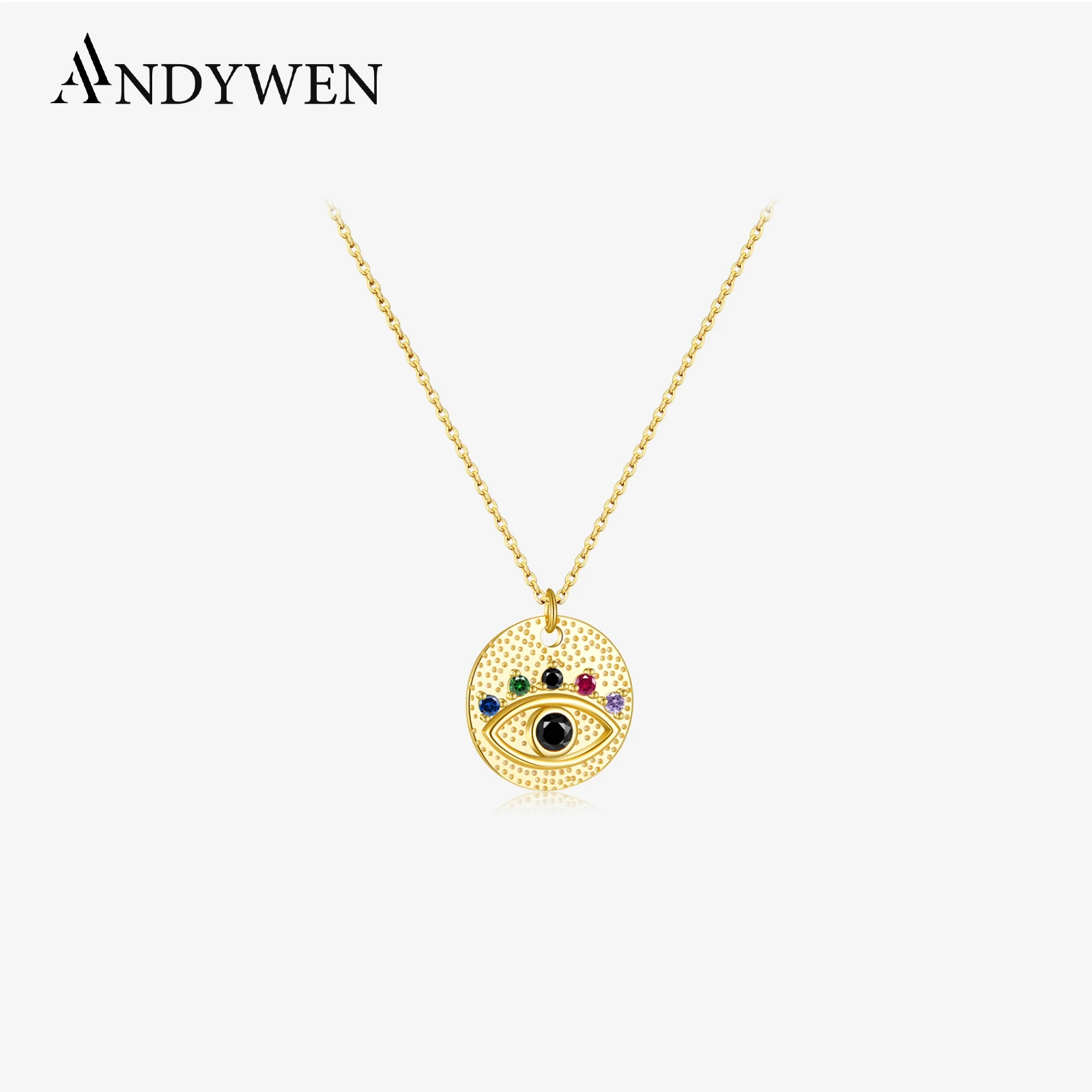 

ANDYWEN New 925 Sterling Silver Gold Colorful Eye Coins Pendant Necklace Long Chain Lucky Eye Luxury Women Fashion Fine Jewels