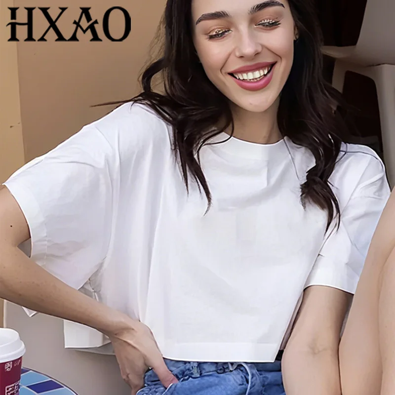 HXAO Cape T Shirts Frau Y2K Sommer Kurzarm Übergroße T-Shirts Top Casual Gestellte Frauen Pulovers Weißes T-Shirt Weibliche