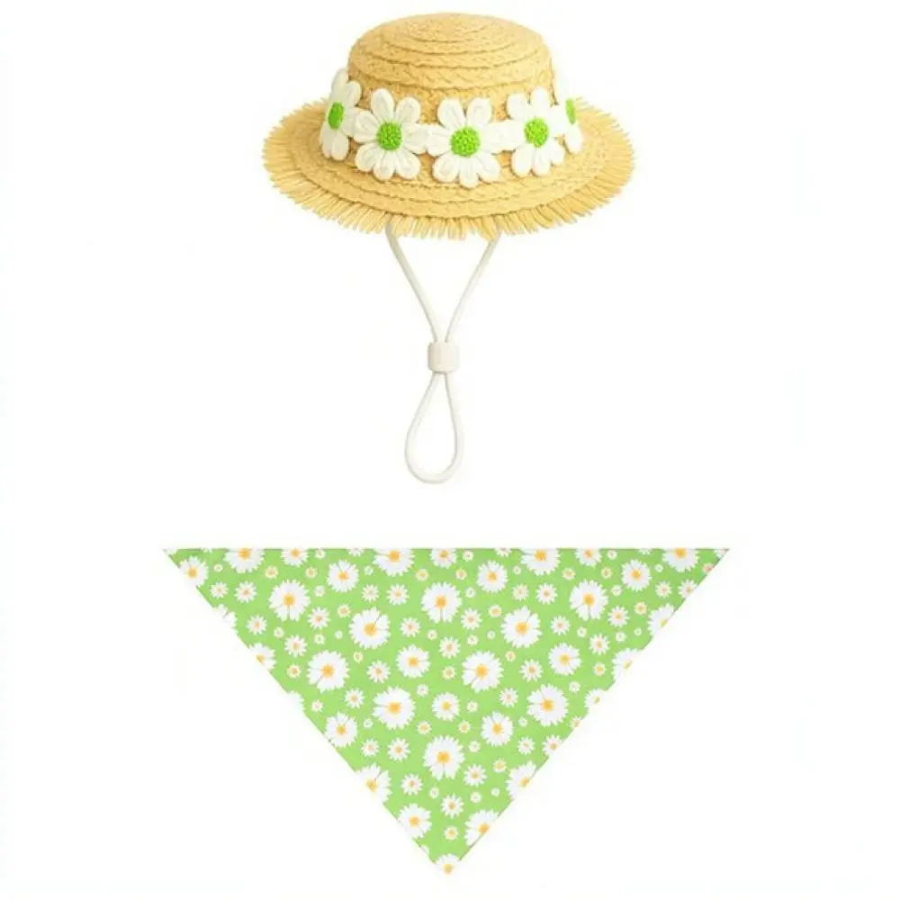 Pet Clothing Set Straw Hat Daisy Flower Accessory Dog Apparel Lightweight Pastoral Theme Halloween Cosplay Suit