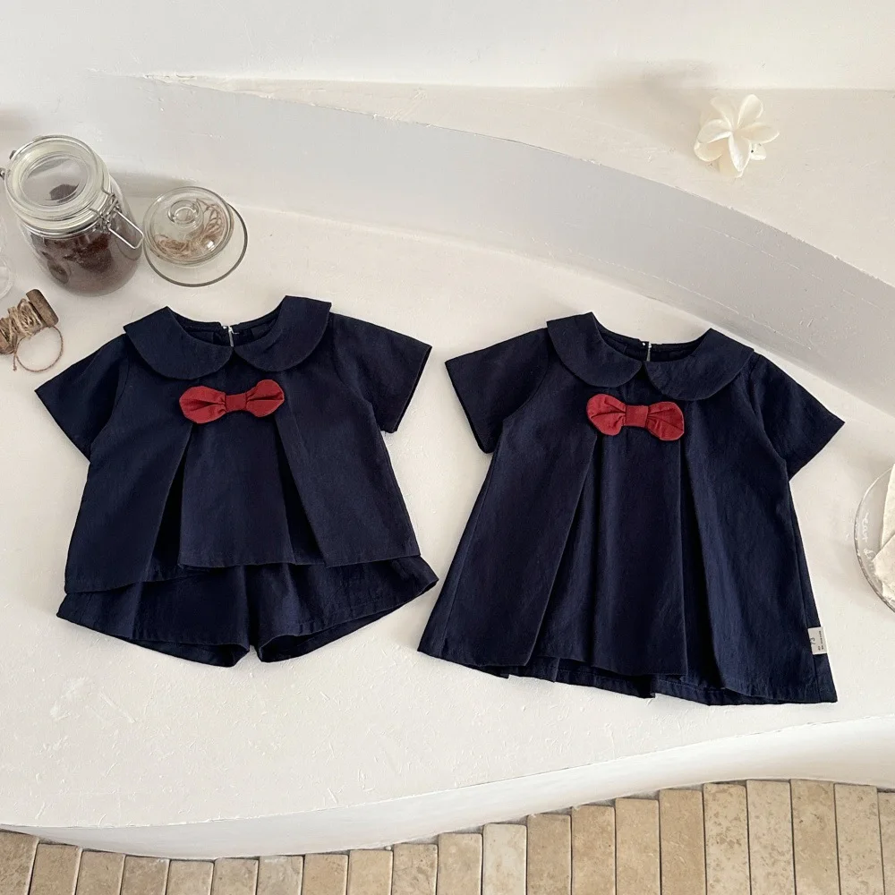 2026 New Baby Summer Clothes Set Solid Color Girls Bow Shirt +Shorts Loose Preppy Style Toddler Outfit 2PCS Infant Outwear