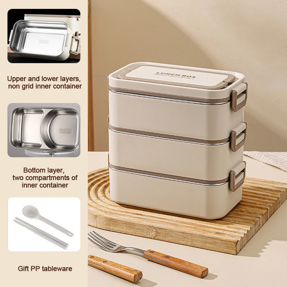 304 stainless steel thickened 3-layer lunch box, microwave heatable, equipped with spoon and chopsticks, sealed and leak proof