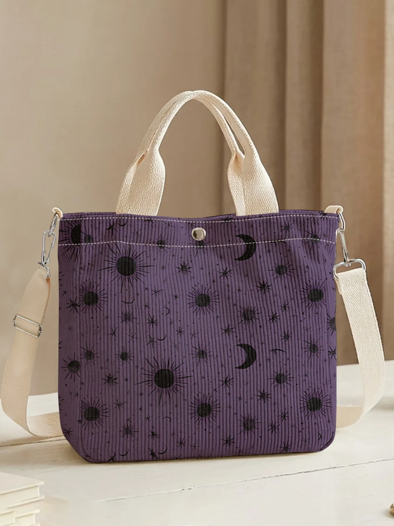 Sun Moon Star Print Crossbody Tote Bag Removable Strap Handbag For Shopping Daily Use