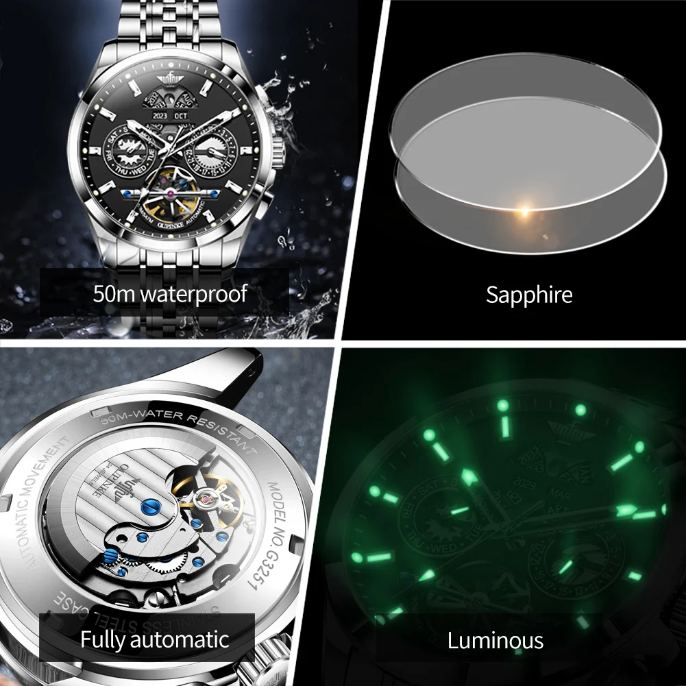 OUPINKE 3251 Men Watch Mechanical Watch Watch 50M Waterproof Luminous For Men Date Sport Watch Dual Calendar Design