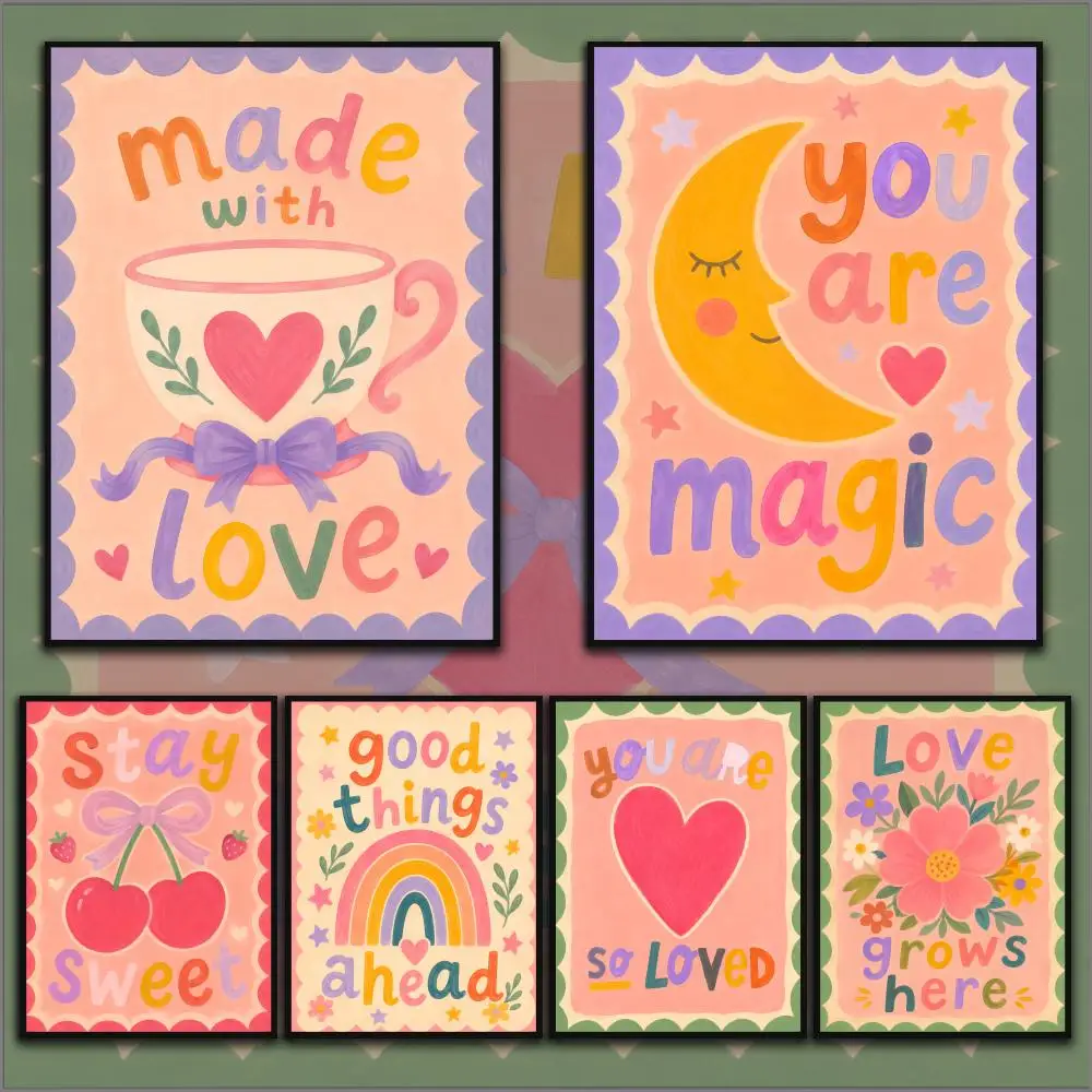 Cute Cartoon Hearts For Children Poster Home Living Bed Room Bar Hallway Sticky Wall Printing Waterproof Aesthetic Decor