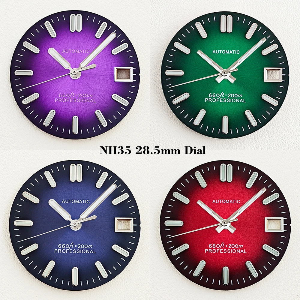 28.5mm NH35 Sunburst Texture Watch Dial For NH35 NH36 Movement Modification Part Green Luminous Customizable Logo Automatic Dial