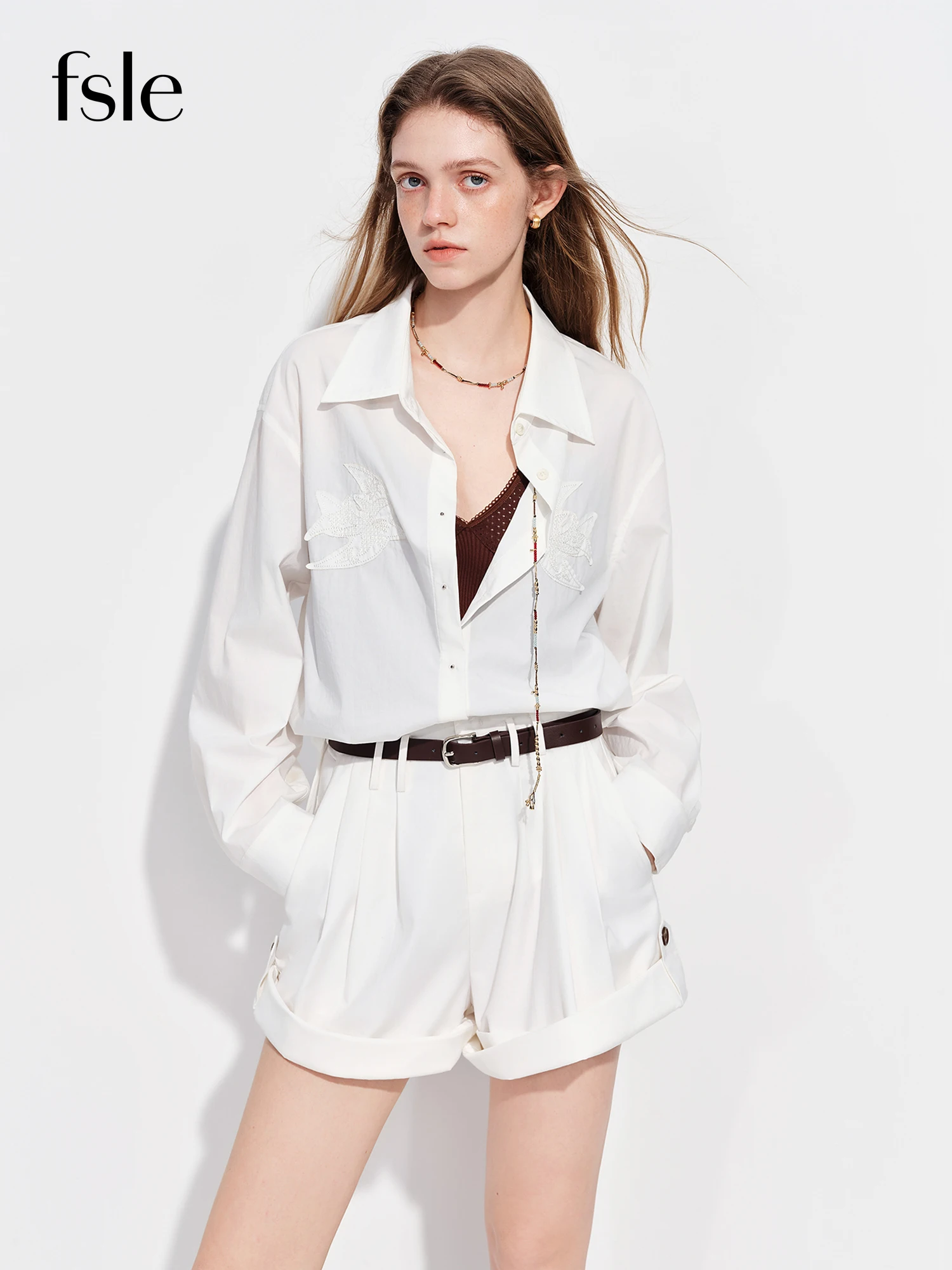 FSLE 2026 Spring New Women's Color Block Patchwork Embroidered Shirt Slim-Fit Long Sleeve Casual Office Minimalism Blouse Chic