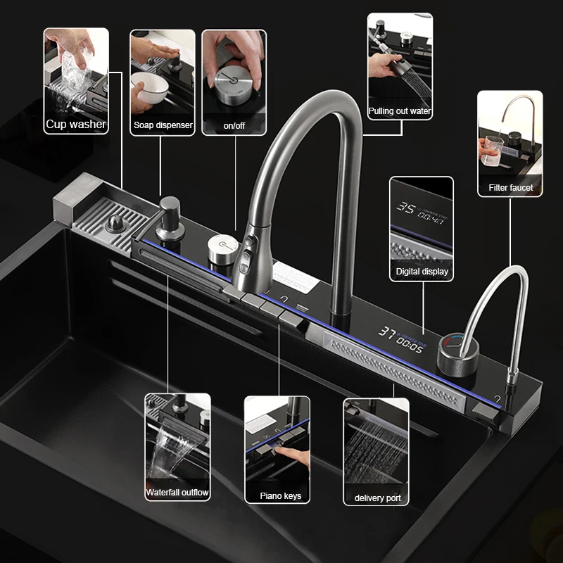 Aço inoxidável Cachoeira Kitchen Sink, slot único grande, integrado Digital Display Faucet Set, saboneteira, lavadora de copos, 304