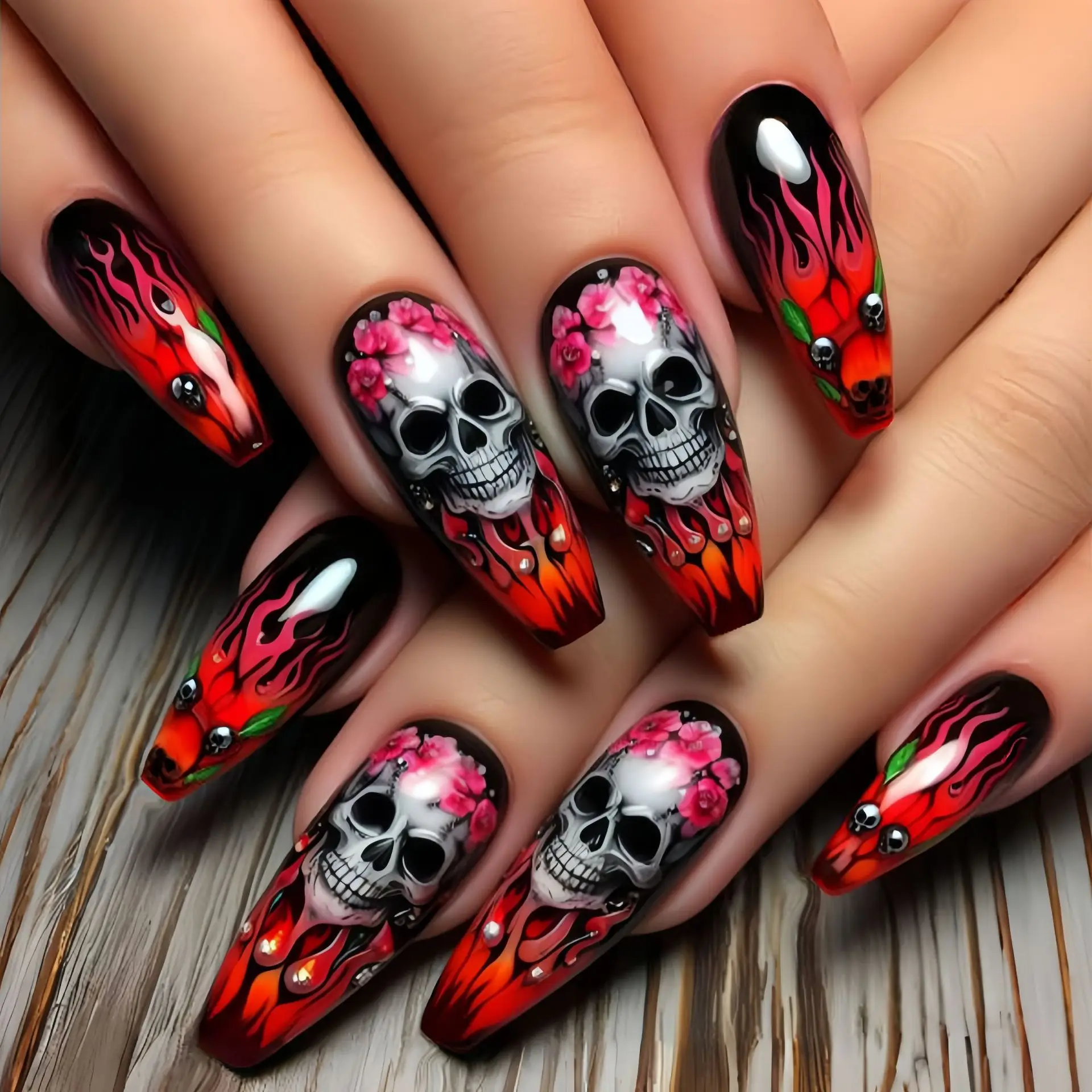 24PCS Dark Red Long Ballet False Nails with Glue Horror Skull Flower Pattern French Press on Nails Full Cover Halloween Nail Art
