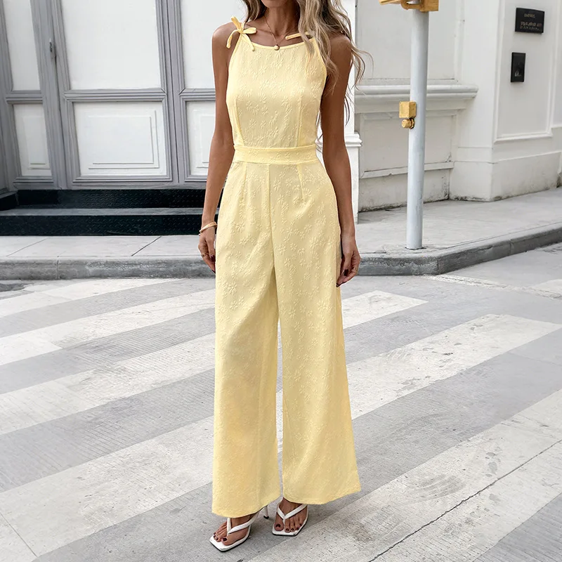 Sweet Yellow Textured Wide-Leg Jumpsuit Bow-Front Straps For That Effortless Sunny Vibe Perfect For Summer Days And Cute Errands