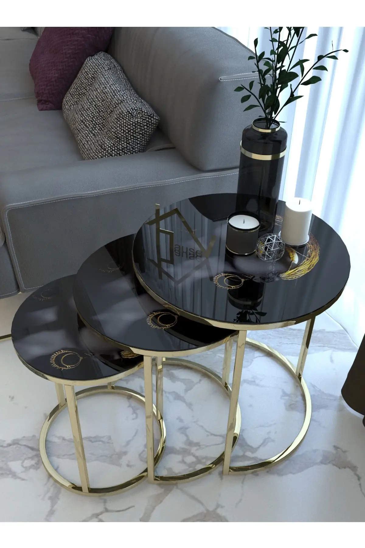 End Table Coffee Table Set Gold Arabian Girl Pattern Unbreakable Tempered Glass Metal Nesting Table Scandinavian Style 1 Quality