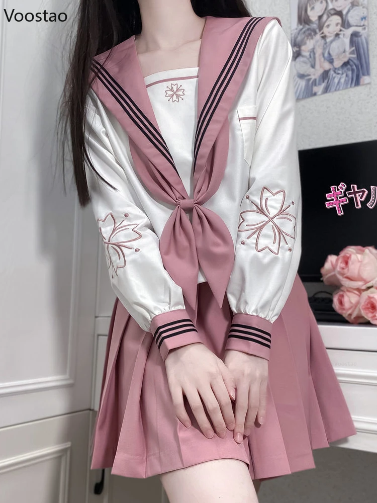 Japanese Kawaii School Girl JK Uniform Pleated Skirt Sets Sweet Sailor Collar Floral Embroidery Tops Mini Skirts Women Full Set