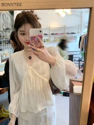 Blouses Women Loose Lace-up Basic Korean Style Fashion Ins Office Ladies Aesthetic Elegant Female Spring Blusas Tops Trendy Chic