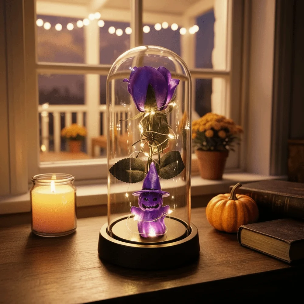 Transparent Cover Halloween Ghost Rose Light Realistic Plastic Artificial Rose Night Light Glass Dome Rose Simulation Rose Light