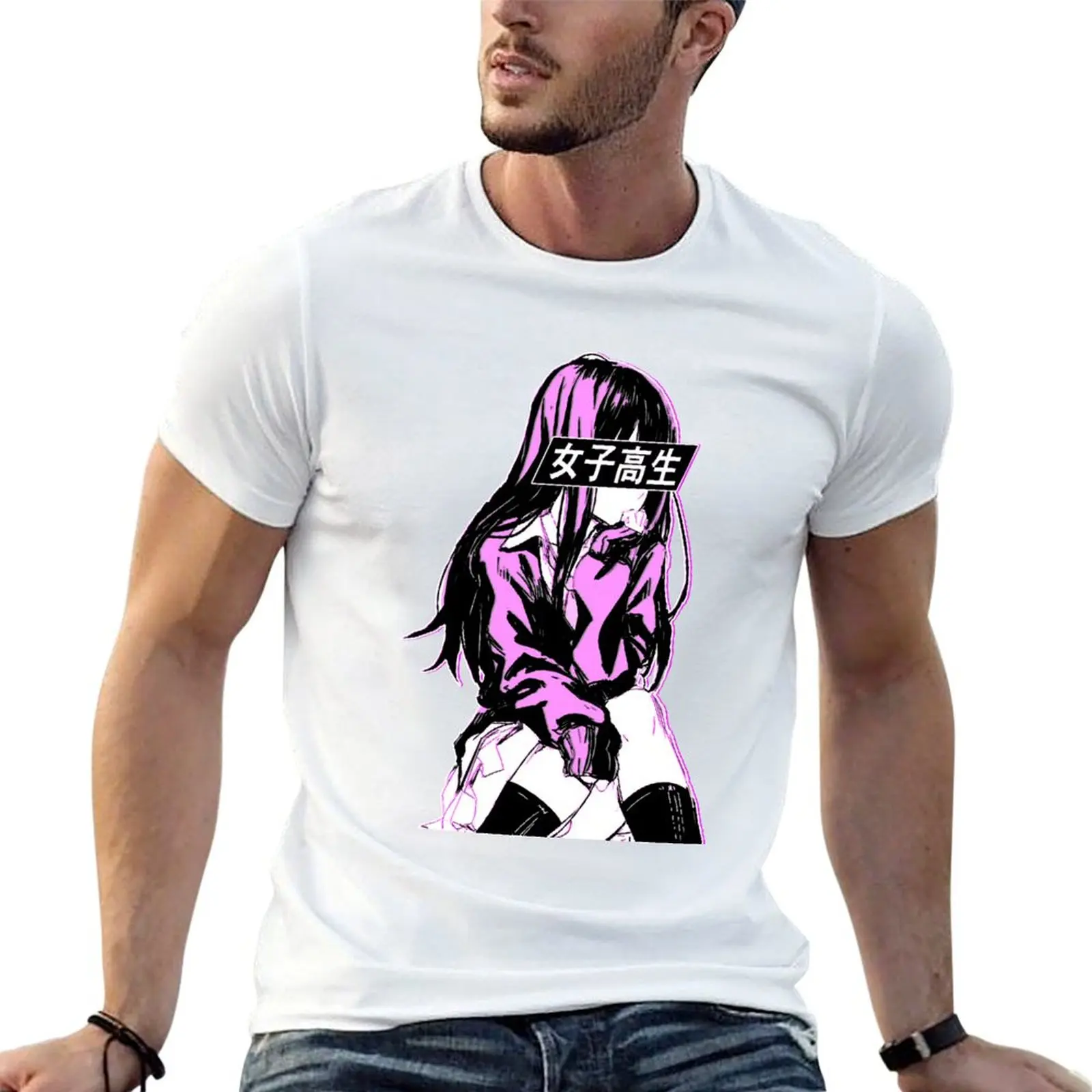 SCHOOLGIRL (rosa)-Camiseta estética japonesa de Anime triste, camisetas divertidas, camisetas de anime para hombre, camiseta de gran tamaño