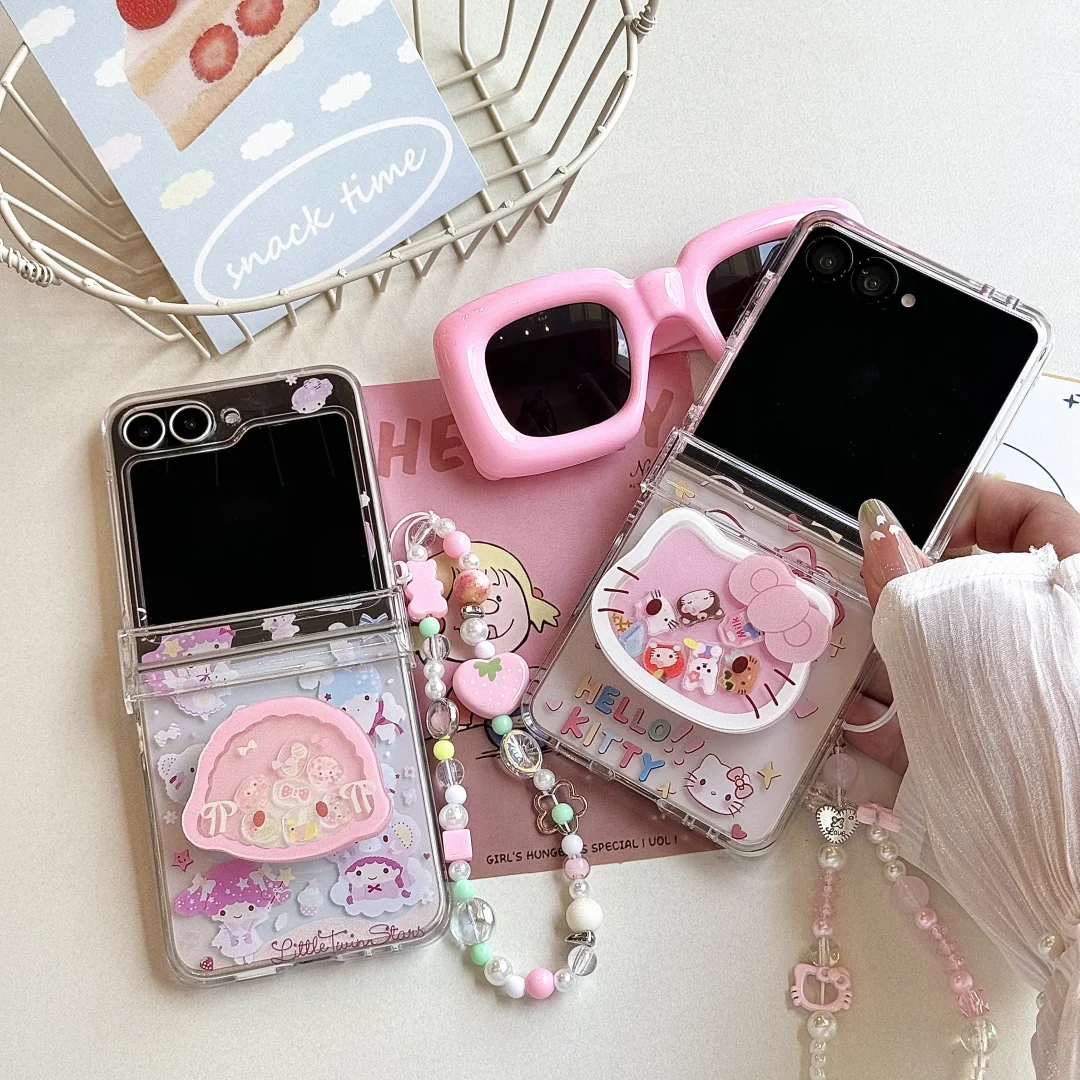 

Luxury Cute Cartoon Hello Kitty My Melody Clear Phone Case For Samsung Galaxy Z Flip 7 FE 6 5 4 3 Cover With Lanyard and holder