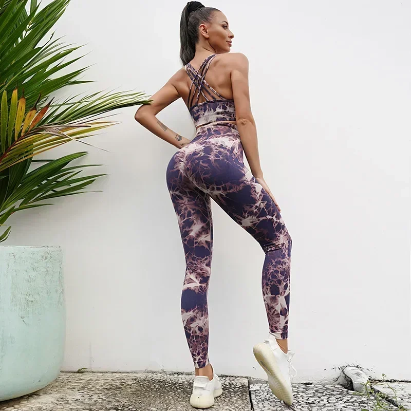 Seamless Tie-Dyed Yoga Sets Sports Fitness High Waist Hip Raise Pants Cutout Bra Suit Workout Clothes Gym Leggings Set for Women