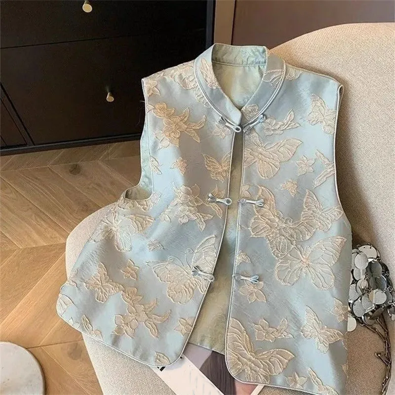 Autumn Ladies Butterfly Embroidery Sleeveless Jacket Korean Women High-end Waistcoat Outwear Spring Female Round Neck Vest Coat