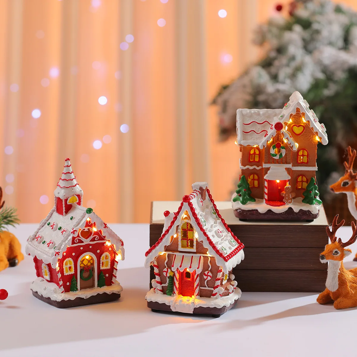New Christmas Painted Resin Ornaments Glowing Music Biscuit Man Small House Candy House Tabletop Festival Home Ornament