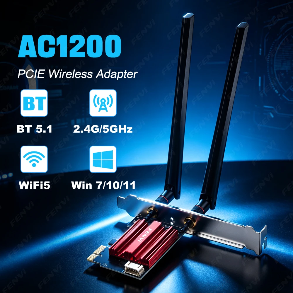 AC1200 WiFi5 PCIE WiFi Adapter BT5.1 Wireless Network Card Dual Band 2.4G/5GHz 802.11AC For Bluetooth4.0 Desktop PC Windows10/11