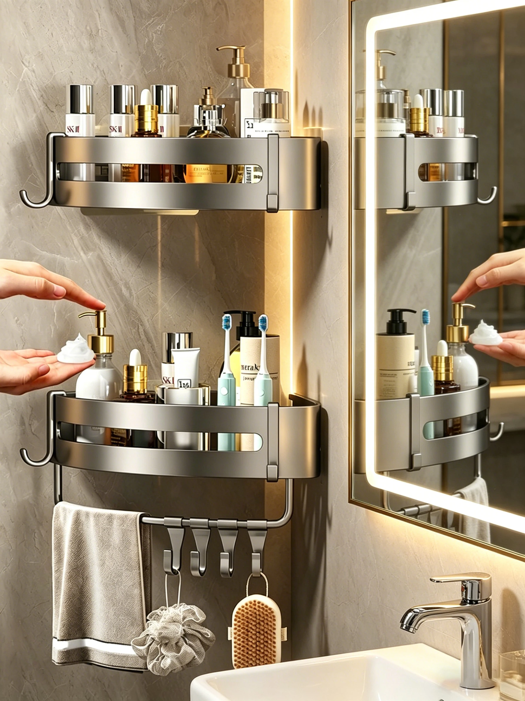 Selbstklebender Badezimmer-Shampoohalter, Duschablage, Aufbewahrungsorganizer, bohrfreies Eckregal, Handtuchhalter für das Badezimmer