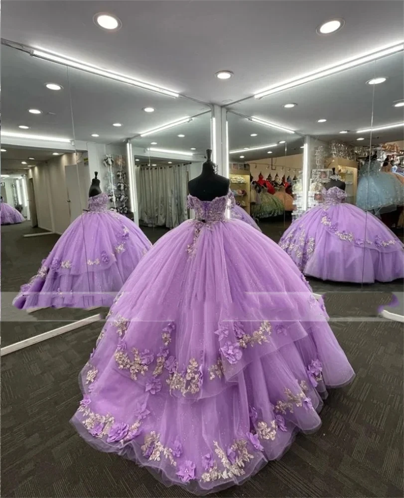 ANGELSBRIDEP Shiny Lilac Quinceanera Dresses 3D Flowers Beading Sliver Lace Vestidos De 15 Anos Birthday Party Prom Ball Gown