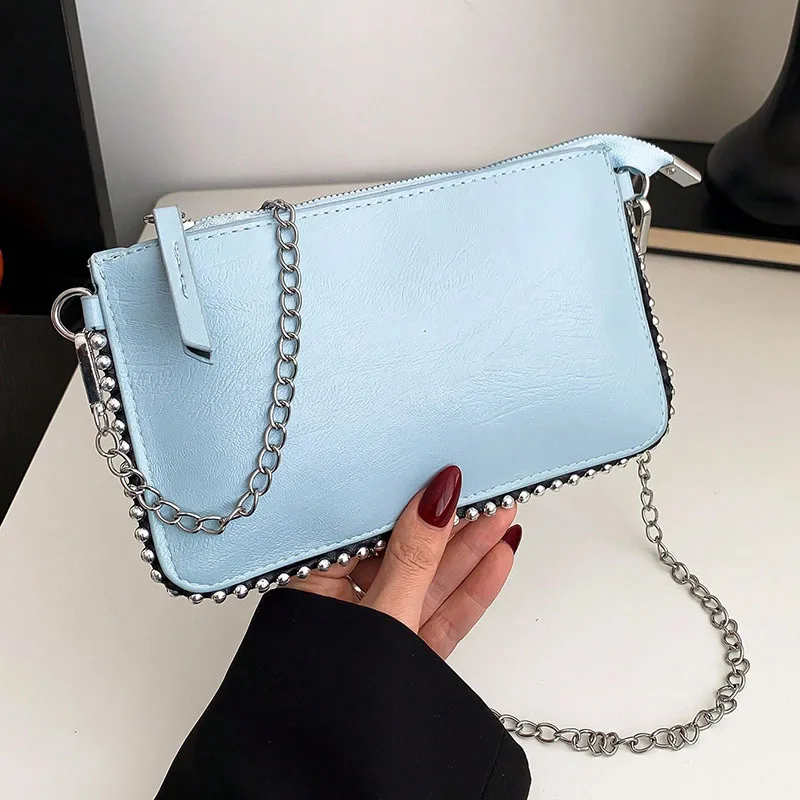 Women's retro classic bead chain design elegant and exquisite crossbody bag solid color commuting envelope bag. image 5
