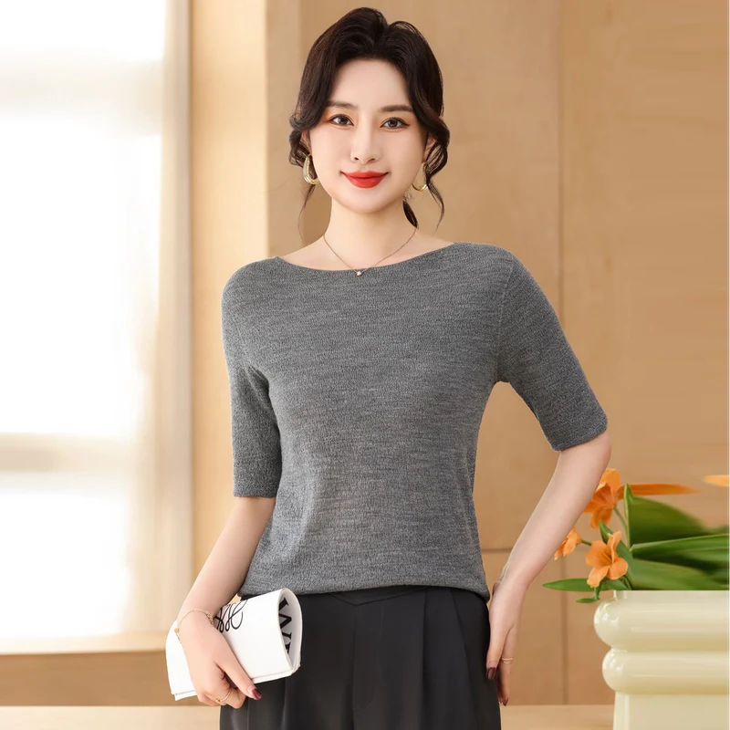 

Spring Women's 100% Spun Wool Sweater Short Sleeve Knit Yangtze Yarn Pullover Slim fit One Word Neck Tops worsted Wool Tees