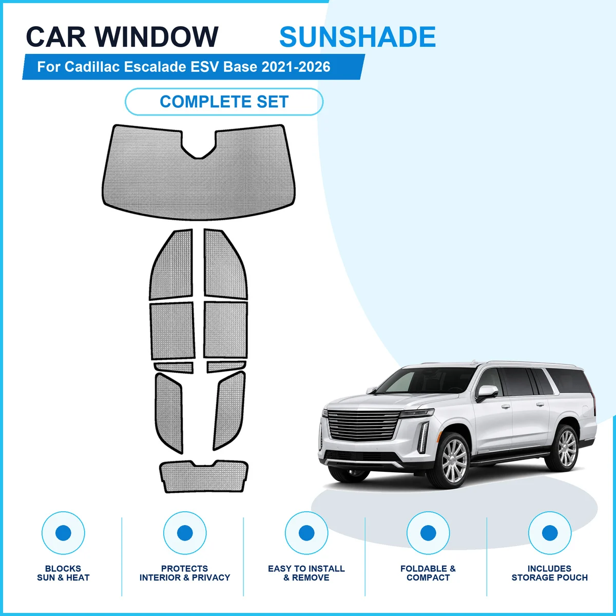 For Cadillac Escalade ESV Base 2021-2026 Custom Full Set Window Sunshades Aluminum Foil Suction Cup Anti UV Privacy