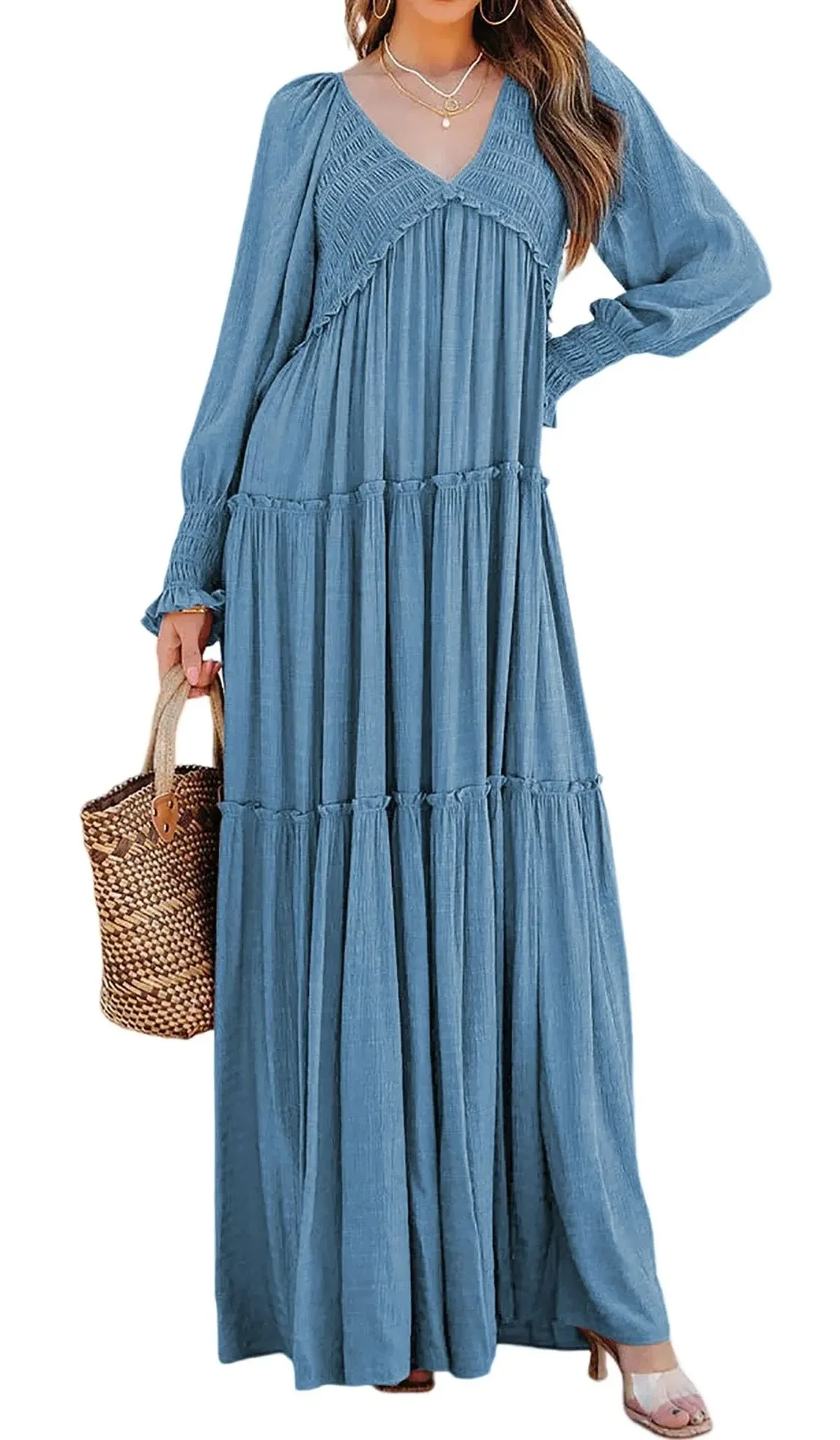 Long Dress Women Vintage V Neck Long Sleeve Dresses Loose Y2k High Waist Shirring Casual Summer Loose 2026 Elegant Slight Strech - Image 6