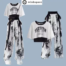 2024 Summer New Korean Style Short Sleeved T-shirt Top Ink Retro Printed Wide Feet Pants Two Piece Set Elegant Women's Pants Set