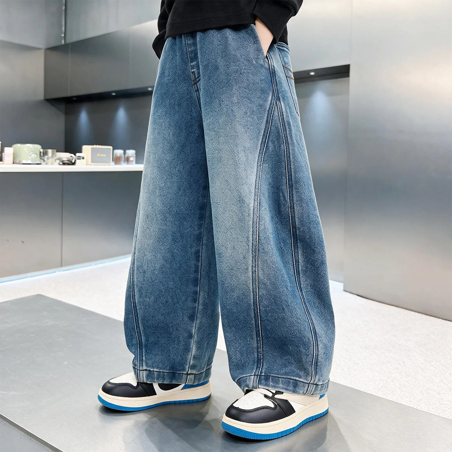 Retro Kids Blue Wide-leg Jeans Pants Boy Autumn Spring Elastic Waist Straight Vintage Denim Trousers For Teenager Child 4-16Y