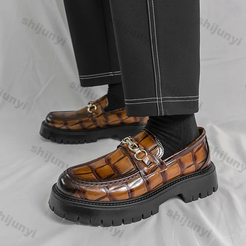 

Fashion Vintage Patchwork Men Dress Shoes Comfort Non Slip Soft Sole Casual Loafers Increase Height Hard Wearing Platform Shoes
