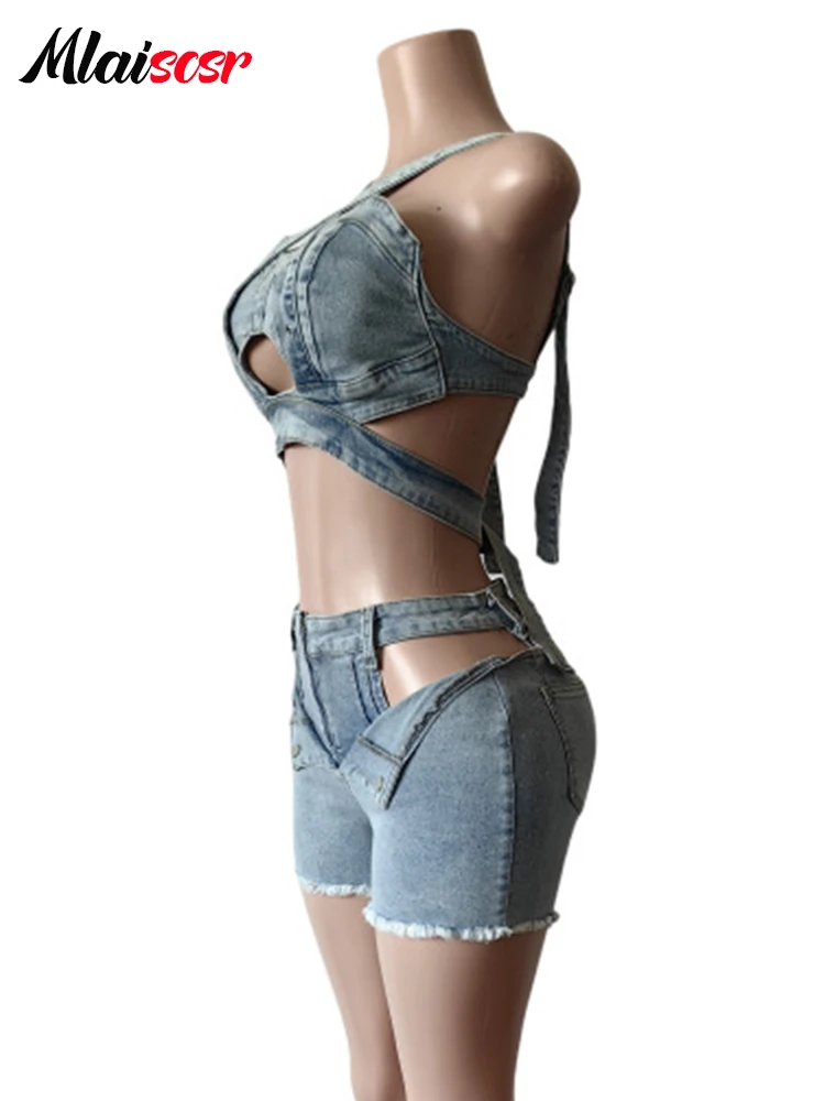 Mlaiscsr 데님 2 피스 세트 여성 청바지 정장 섹시 할로우 붕대 탱크 자르기 탑과 반바지 비치 파티 Y2K Night CLubwear