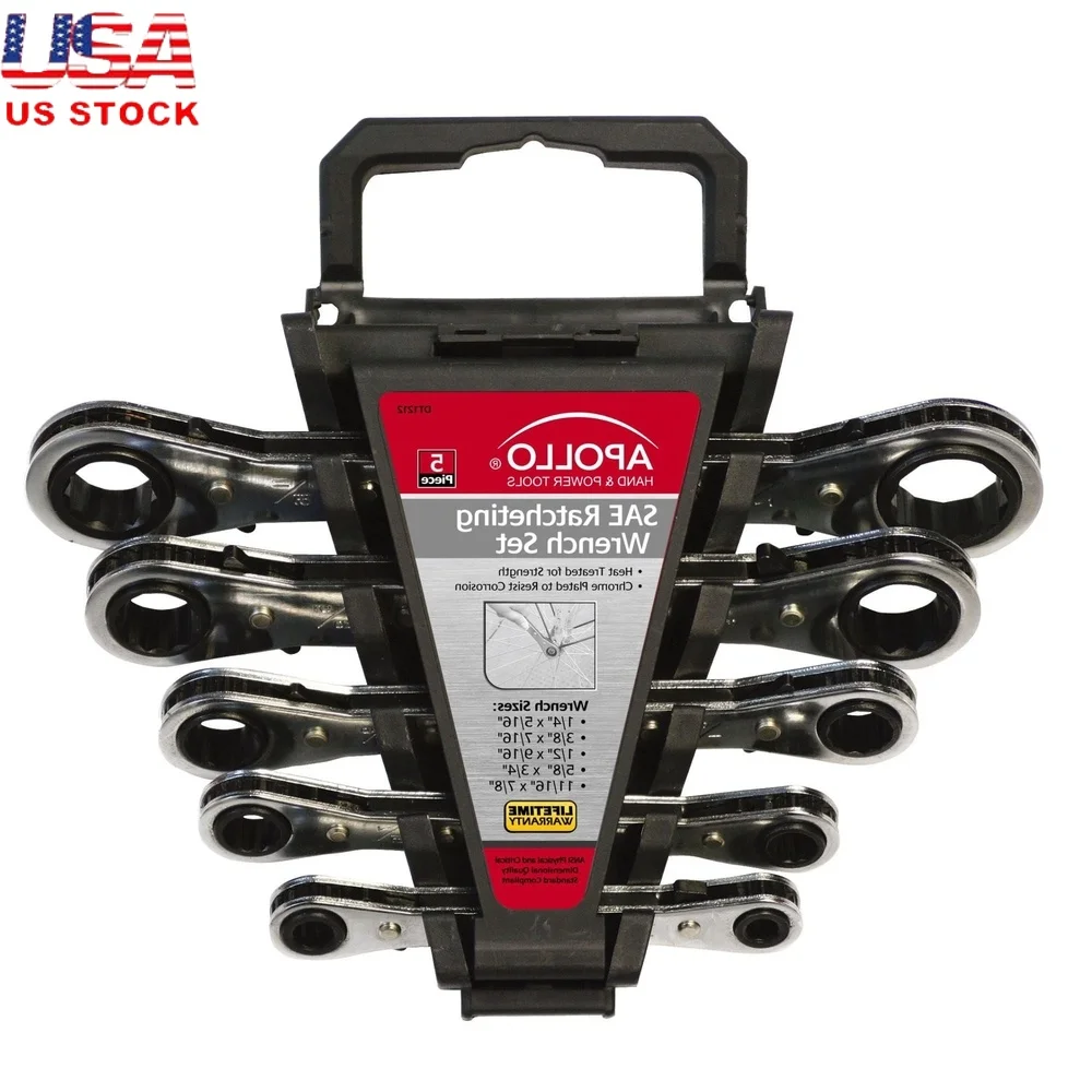 

5 Piece Ratcheting Wrench Set SAE High Grade Steel Organized Carrying Cradle Durable Chrome Plated Ideal Tight Spaces Emergency